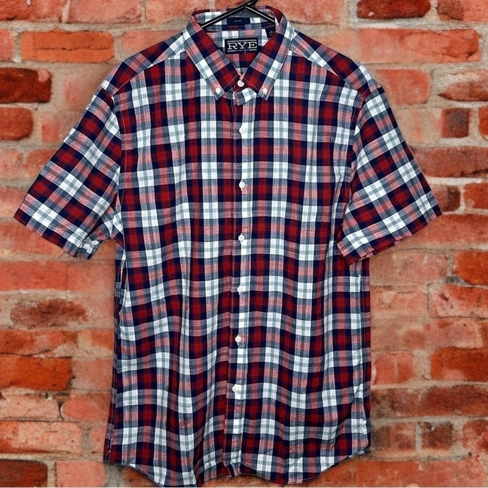 Rye by Hawker Rye Plaid Button Down Short Sleeve Shirt Red Blue NWOT Large tall